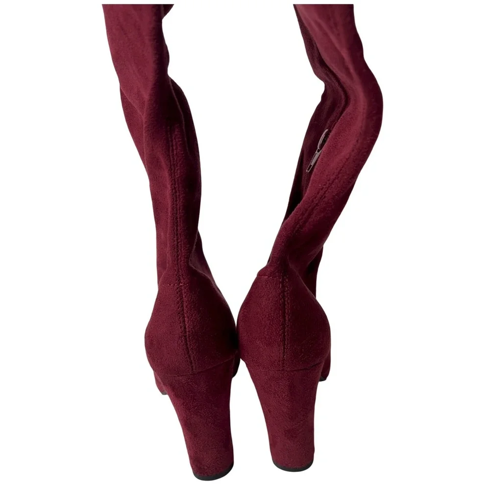 Burgundy Faux Suede Over‎ The Knee Block Heel Boots Pointed Toe Wine Red Size 7